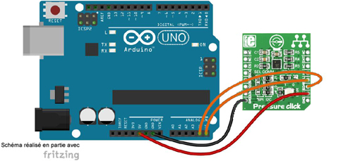 Schéma de câblage entre l'arduino et le Module Pressure Click - MIKROE-1422