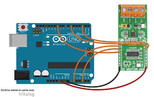 Schéma de câblage entre l'arduino et le Contrôleur de moteur DC Motor 17 click MIKROE-4454