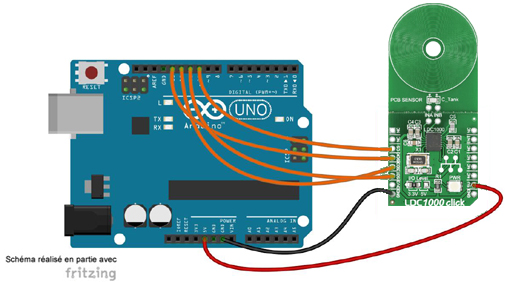 Schéma de câblage entre l'arduino et le Mesureur d'inductance LDC1101 click MIKROE-3240