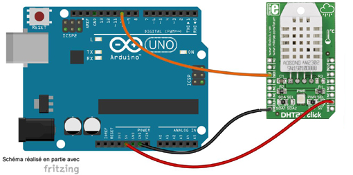 Schéma de câblage entre l'arduino et le Module DHT22 click - MIKROE-1798