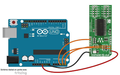 Schéma de câblage entre l'arduino et le Module d'extension d'E/S Expand 8 Click MIKROE-444