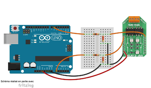 Schéma de câblage entre l'arduino et le Module Relay 2 click MIKROE-1899