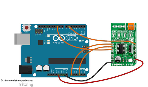 Schéma de câblage entre l'arduino et le Module Stepper 3 Click MIKROE-2035