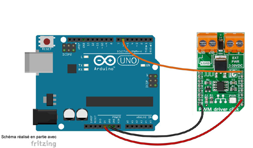 Schéma de câblage entre l'arduino et le Module PWM driver click MIKROE-2272