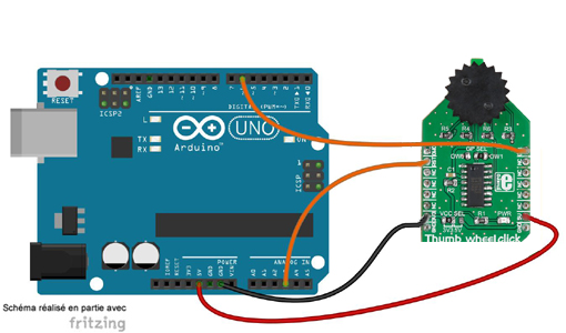 Schéma de câblage entre l'arduino et le Module Thumbwheel Click MIKROE-2366