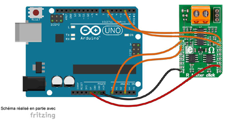 Schéma de câblage entre l'arduino et le Module R Meter click MIKROE-2396