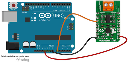 Schéma de câblage entre l'arduino et le Module Voltmeter click MIKROE-2436