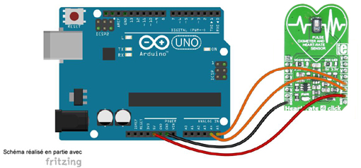 Schéma de câblage entre l'arduino et Capteur de pulsations Heart rate 4 click MIKROE-2510