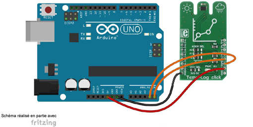 Schéma de câblage entre l'arduino et le Capteur de température Temp-Log 6 click MIKROE-3437